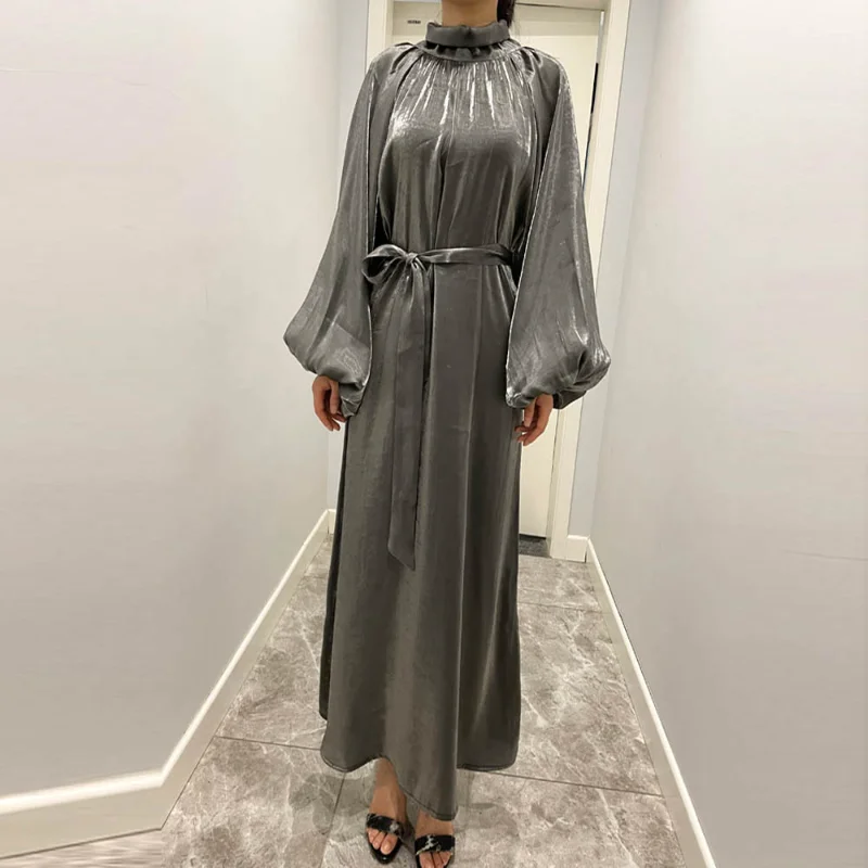 Muslim Abayat Large Lantern Sleeve Bright Silk Long Dress with Back Tie Robe Femme Musulman Solid Women's Dress Dubai Morocco