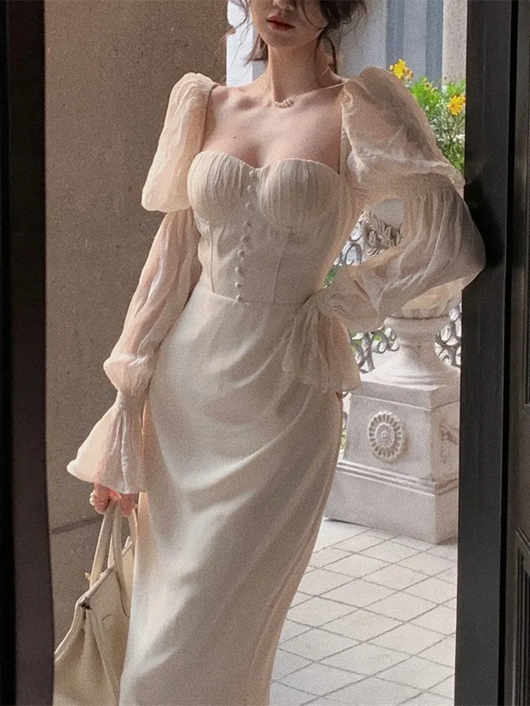 

Vintage Long Dresses For Women Off Shoulder Long Sleeve Autumn Spring Elegant Party Dress Prom Robe Slim One Piece Vestidos New