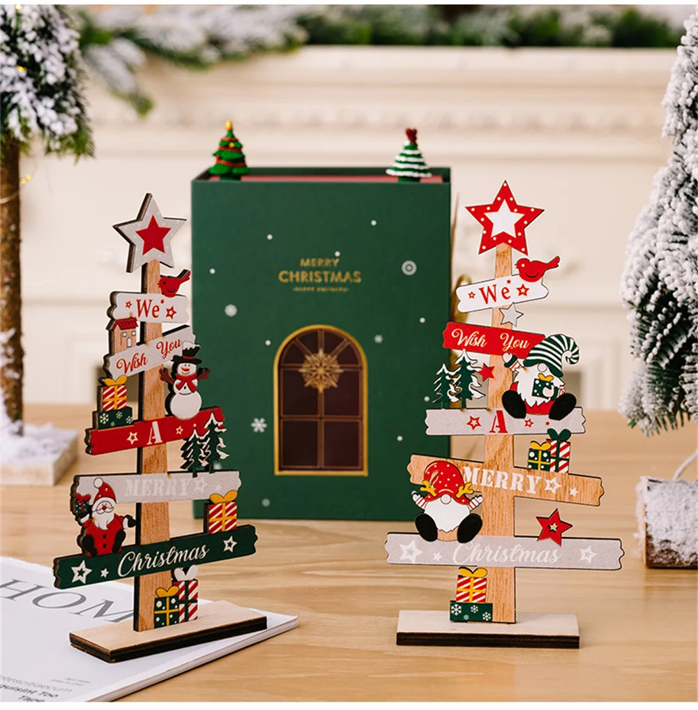 

Christmas Wooden Desktop Ornament Charming Desktop Christmas Wood Sign Table Top Tree With Snowman & Santa Claus Decoration