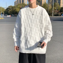

Men's Sweater Solid Color Plaid O Neck Young Boy Autumn Winter Loose Pullovers Fashion Design Knitwear Male Clothes 2022 Korean