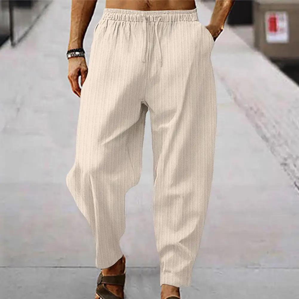

Soft Long Pants Mid Waist Trousers Comfortable Wide Leg Men's Sweatpants Elastic Waist Soft Breathable Fabric Striped for Sports