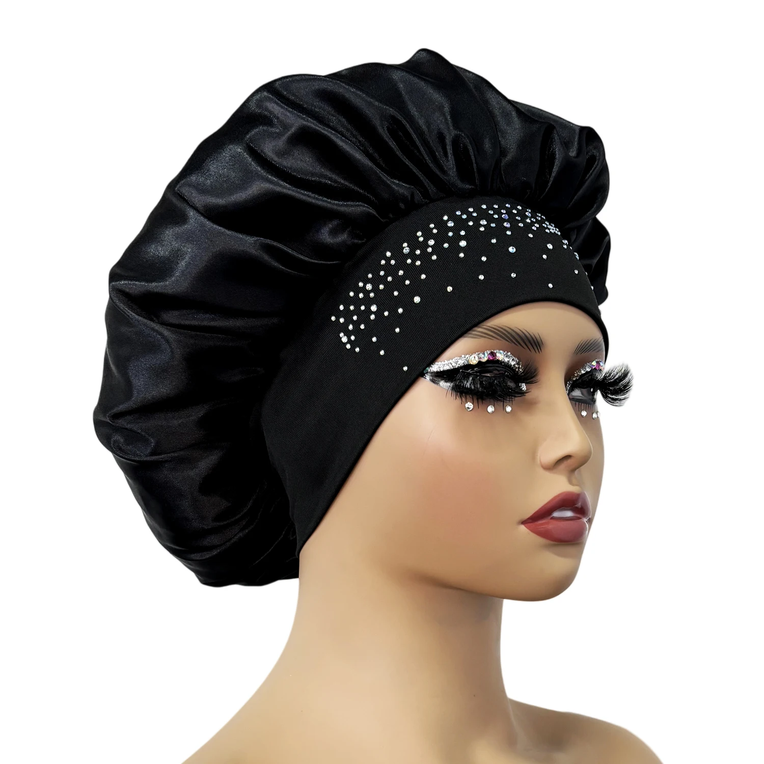 Newly Women Satin Night Sleep Cap Luxury Rhinestone Hair Bonnet Hat Shower Cap Bathroom Hair Accessories Turban Headwrap 3