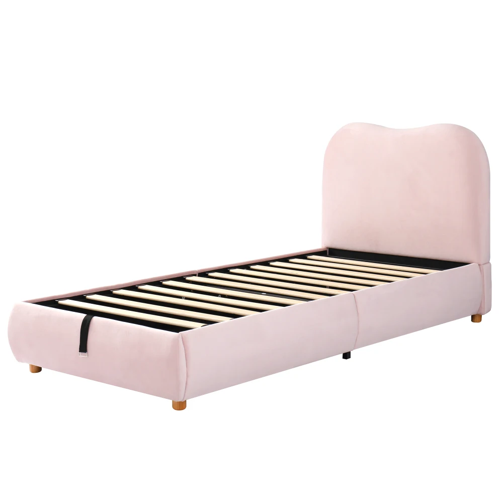 90 x 200 cm modernes Polsterbett, Babybett, hydraulisches Funktionsbett, Bett mit Gitterrost, Kopfteil und großem Stauraum – Detail 31