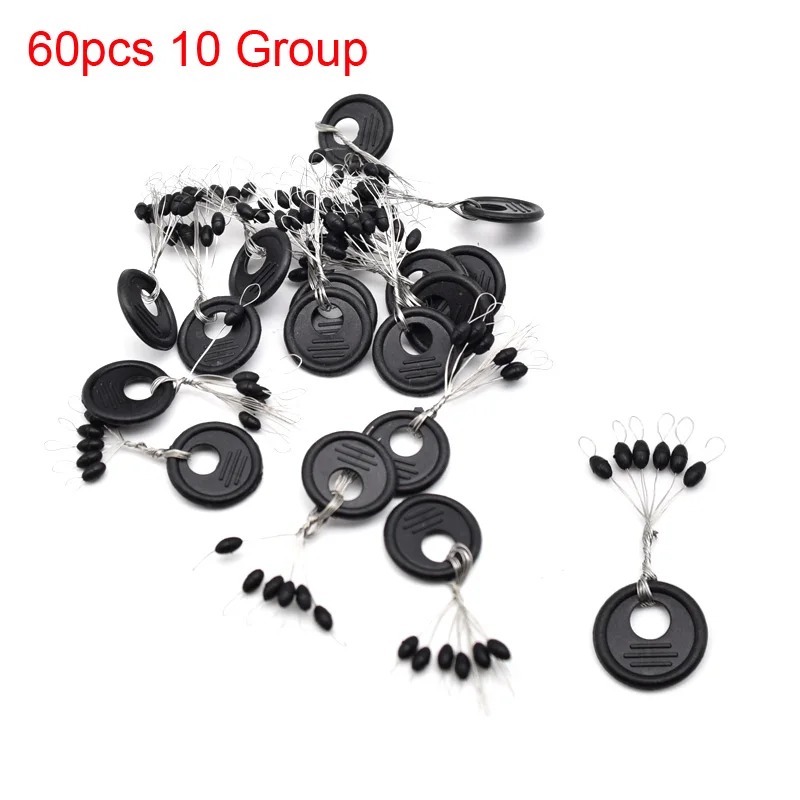 Fishing Bobber Stopper 60Pcs/10Groups 6 in 1 Black Rubber Beads