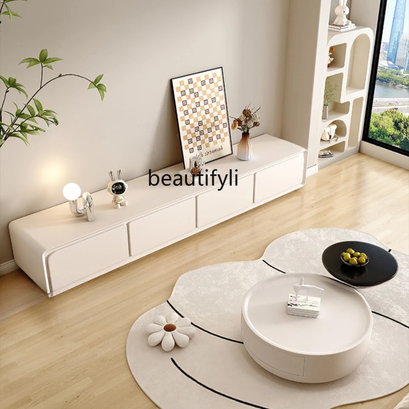 

TV Cabinet and Tea Table Combination Modern Simple Cream Style Small Apartment Living Room Home Rounded Corner Storage