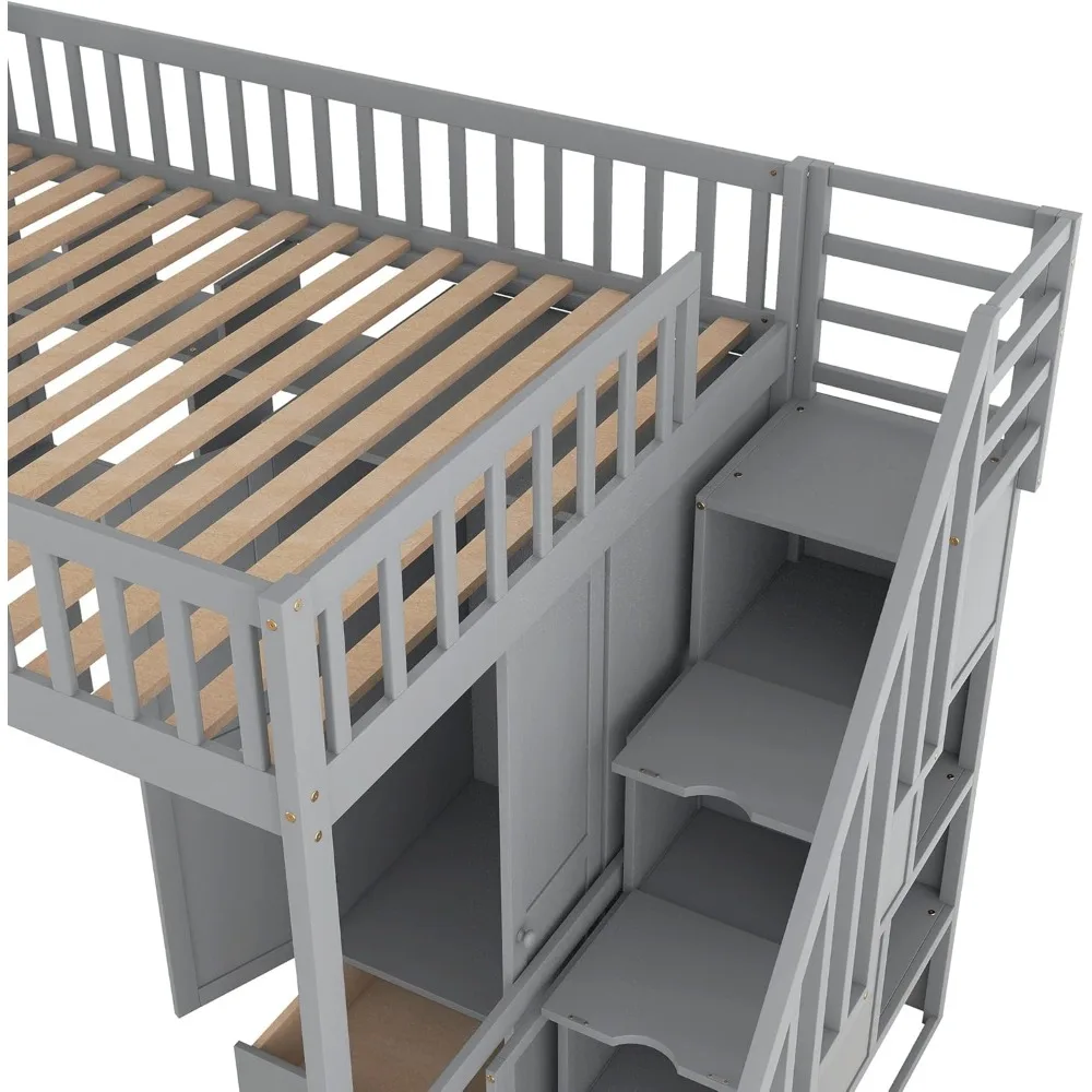 Bunk Bed,Full Loft Beds Stairway Loft Bed Frame with Wardrobe, Desk, Bookcase and Drawers, Solid Wood Bunk Beds 5