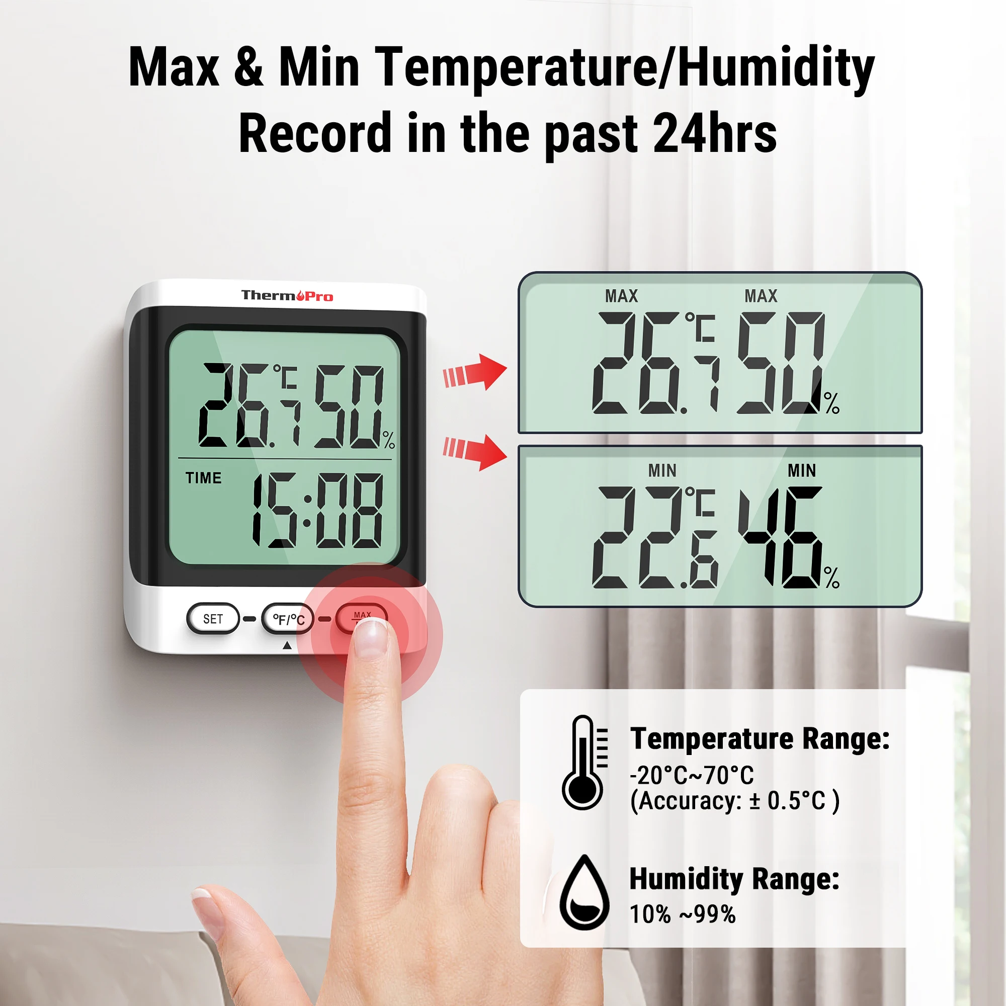 Thermomètre Hygromètre ThermoPro TP55 - Grand Écran Tactile 4" - Mesure Température/Humidité Intérieure