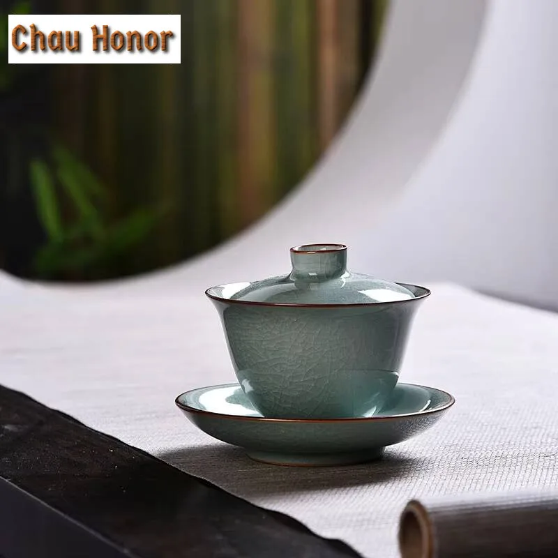 120ml Ru Kiln Ice Cracked Glaze Gaiwan Ancient Porcelain Bowls Tea Lid Set Tea Tureen Tea Maker Cover Bowl Tea Items Collection