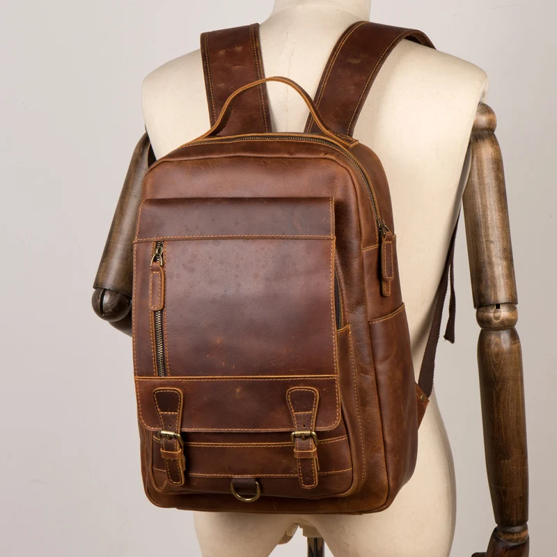 Men's crazy horse leather shoulder bag handmade backpack leather travel bag retro leather shoulder bag