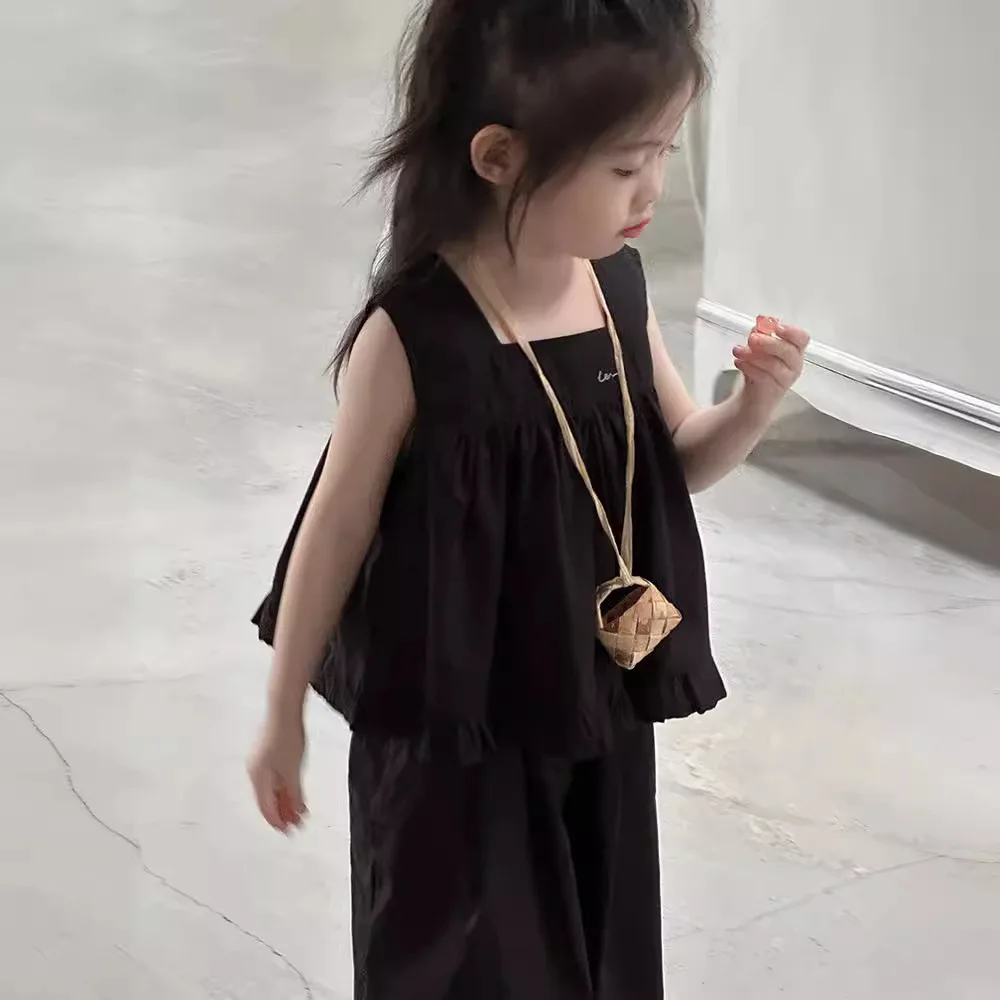 

2024 Summer New Children Sleeveless Letter Vest Set Cotton Kids Girls Wide Leg Pants 2pcs Suit Toddler Loose Casual Outfits