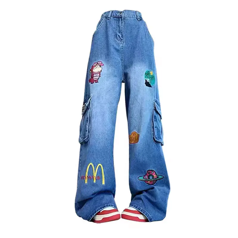 American Vibe Retro Cartoon Embroidery Pink Tooling Jeans Women's High Street Design Loose Straight Wide-leg Pants Washed Cloth