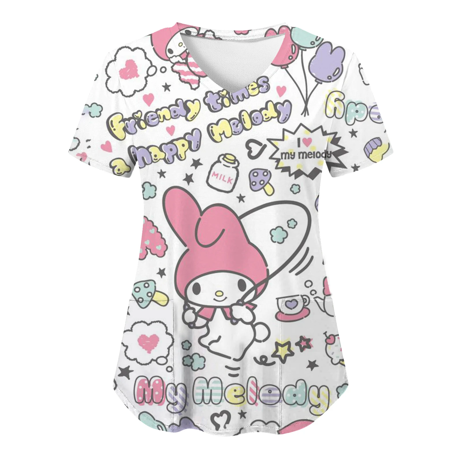 Женская блузка с коротким рукавом, V-образным вырезом и принтом Hello Kitty