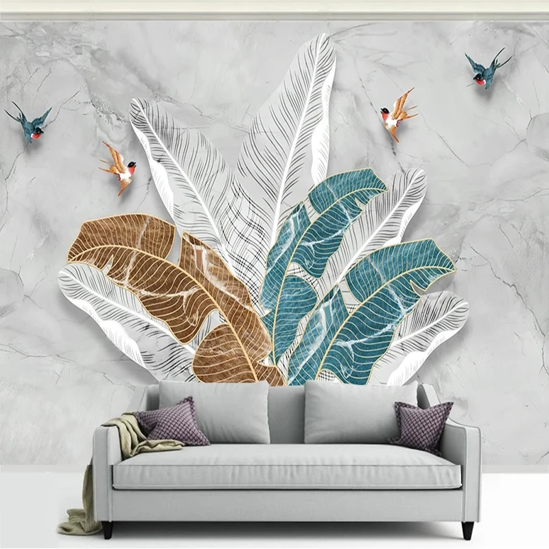 

Custom Mural Wallpaper Nordic Golden Line Tropical Leaves Fresco Living Room TV Sofa Bedroom Backdrop Home Decor Papel De Parede