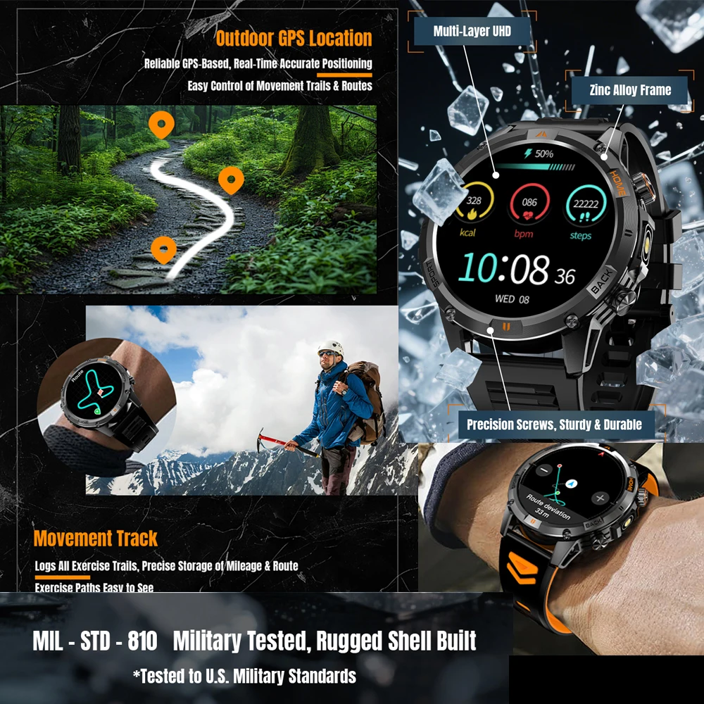 T-Rex 3 Military Rugged Smart Watch Men's 580 mAh Battery Built-in GPS Altimeter 3ATM Waterproof Talking 170+ Sport Smartwatch