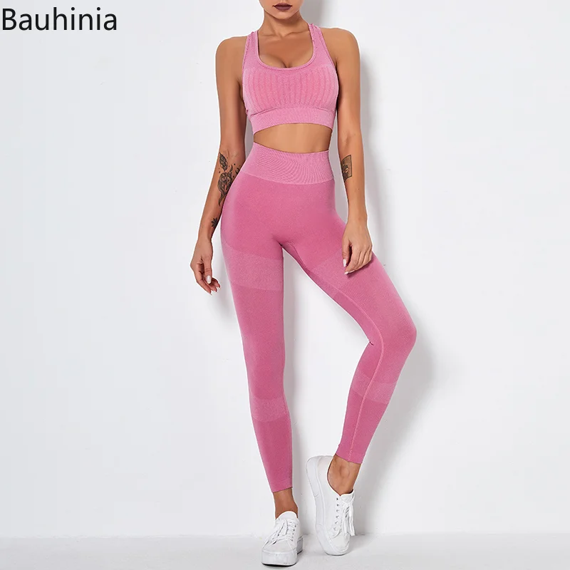 

Bauhinia 2 шт. комплекты для йоги женские леггинсы с высокой талией спортивный бюстгальтер короткий топ комплект для тренажерного зала бесшовный спортивный костюм Одежда для фитнеса и тренировок