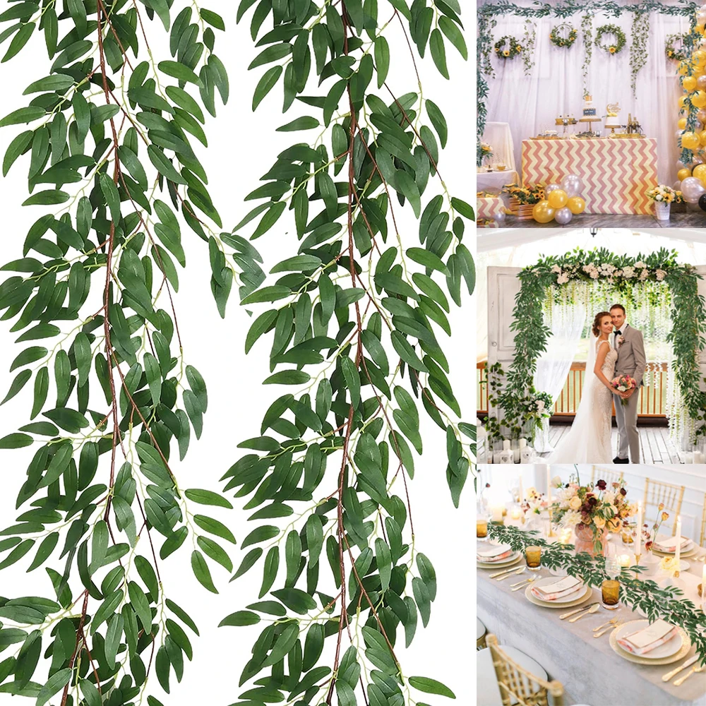 Yannew Artificial Italian Ruscus Eucalyptus Garland Silk Willow Leaf Vine Greenery for Room Indoor Outdoor Rustic Wedding Decors