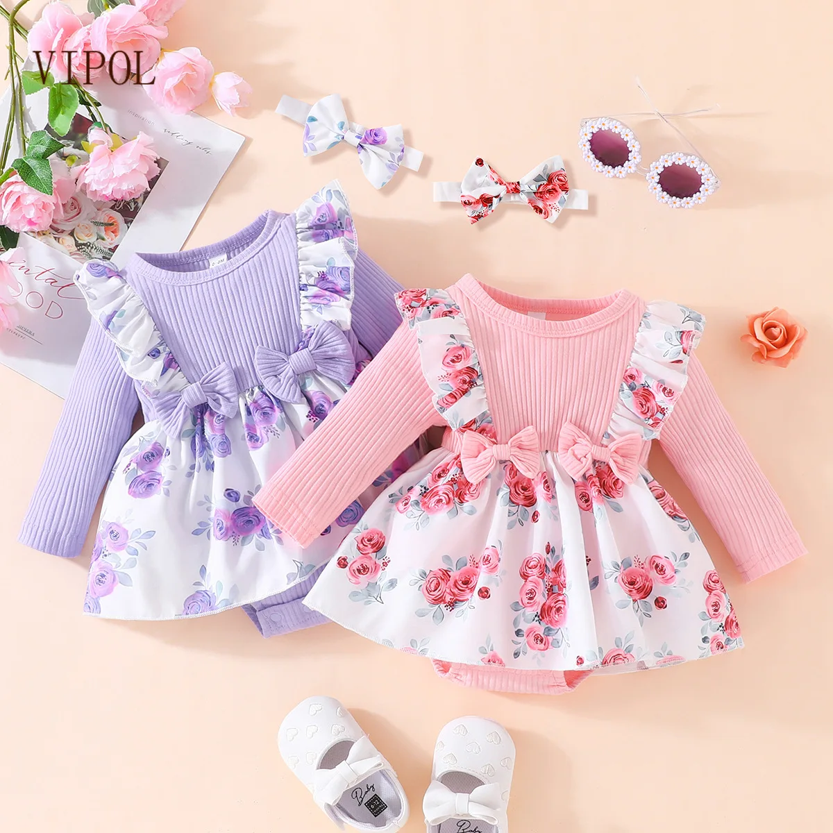 

VIPOL Brand Baby Girls Dress Long Sleeve Floral Print Spring Fall Newborns Princess Clothing 1 Year Birthday Party Costume Bow