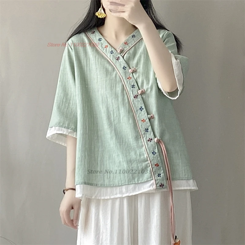 

2024 traditional chinese vintage hanfu tops national flower embroidered v-neck double layers blouse oriental cotton linen blouse