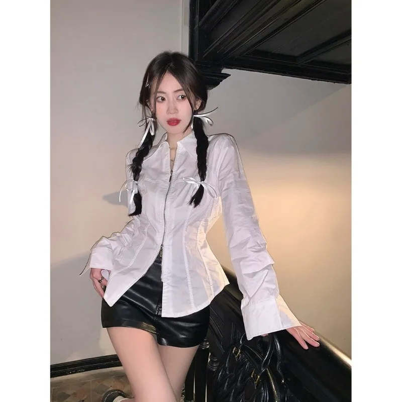 qweek 2023 autumn korean style zip white dress women kpop wrap long sleeve long dresses streetwear solid simple ladies chic QWEEK White Shirts Women Office Look Korean Style Elegant Blouses Gyaru Long Sleeve Zipper Ladies Top Chic Slim Sexy 2024 Spring