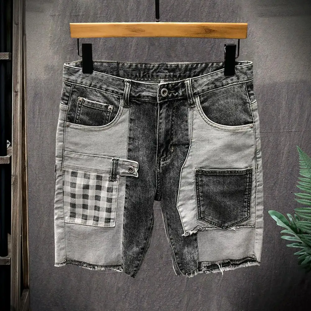Patchwork Color Denim Shorts Summer Men's Denim Shorts with Multiple Pockets Baggy Ripped Jeans Streetwear Style for Casual Wear men jeans