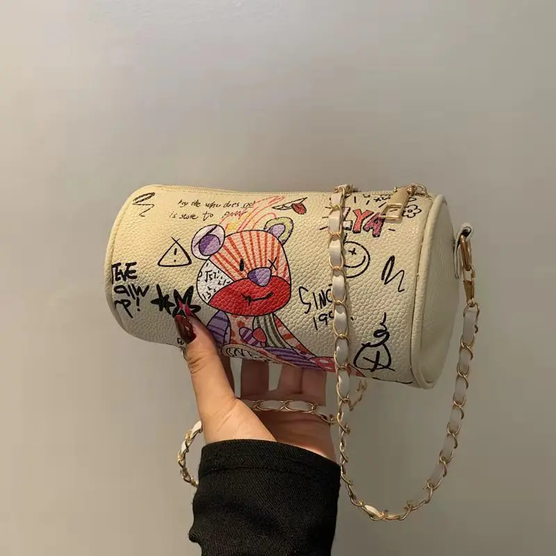 

Barrel-Shaped Shoulder Bags For Women Artistic Cartoon Graffiti Mini Special 2021 Autumn Designer All-Match Cross-Body Bags