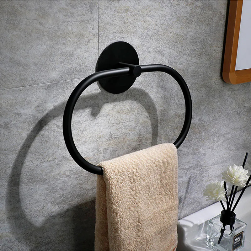 Towel Rack Self Adhesive Towel Rack Bathroom Towel Ring Rack Black Rag Holder Without Drilled Stainless Steel Hanger Feet