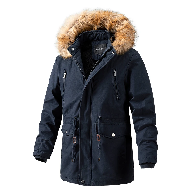 

Mens Long Hooded Parka New Fur Collar Casual Fashion Outerwear Winter Warm Parkas Jackets Men Solid Color Thick Windproof Coat