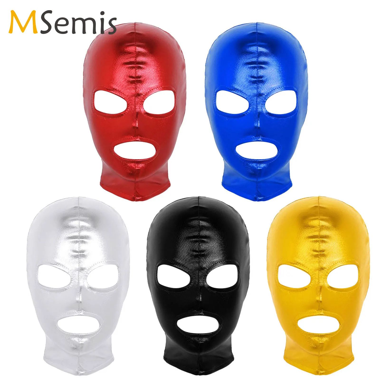 

Men Women Shiny Metallic Latex Full Face Mask Hood Balaclava Open Mouth Hole Headgear Fancy Halloween Party Club Cosplay Costume