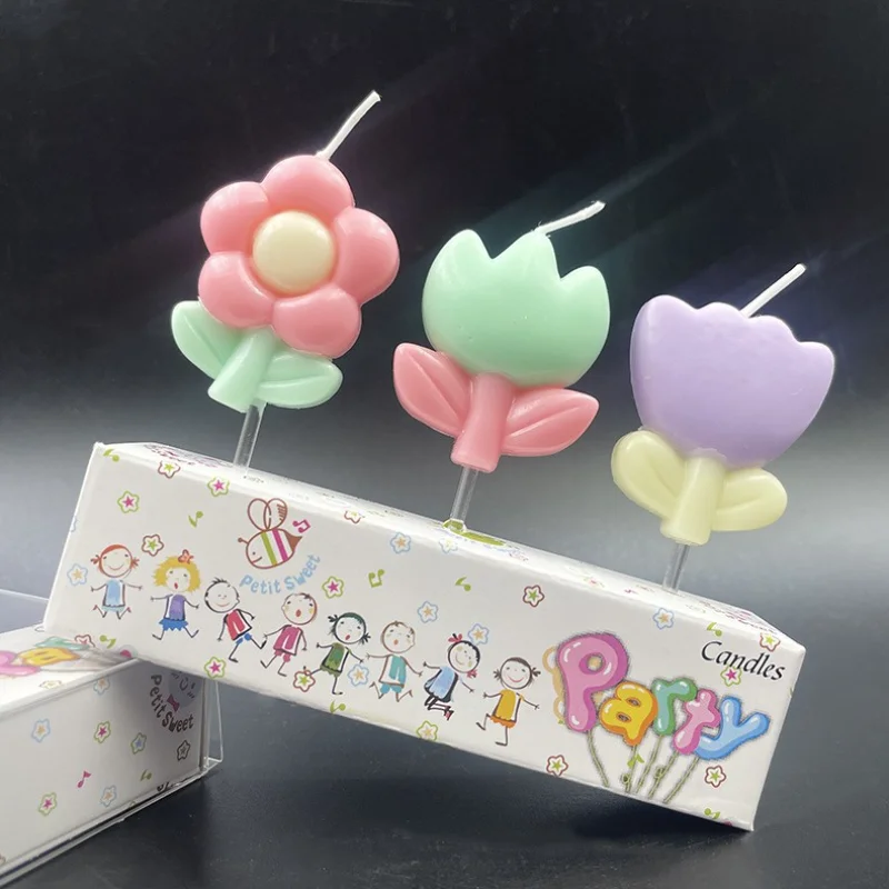 3pcs/set Flowers Happy Birthday cake candle Pink Princess Decorated Candle Party Wedding Romantic Embellished Candle