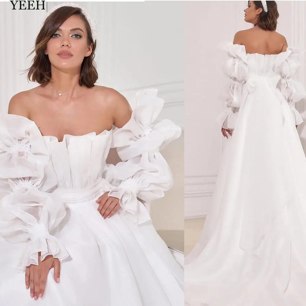

Женское свадебное платье YEEH, шифоновое платье с фестонами, пышными рукавами и бантом на талии