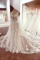 JIERUIZE Luxury Lace Appliques Backless Wedding Dresses Deep V-neck Spaghetti Straps Bridal Gowns Sexy Low Back Court Train 2