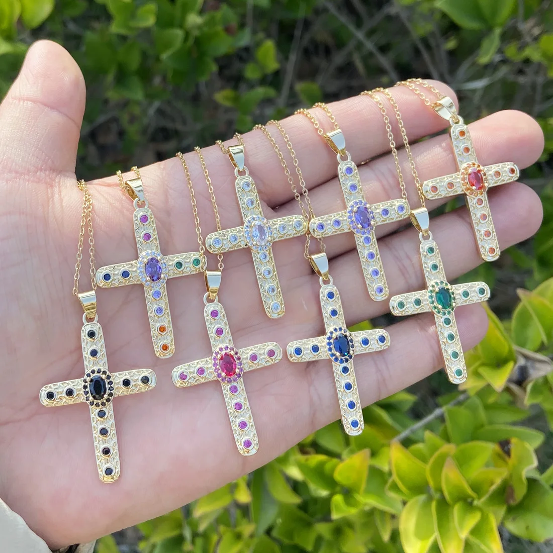 Vintage Big Black Bling Zircon Stone Cross Pendant Necklace Long Chain