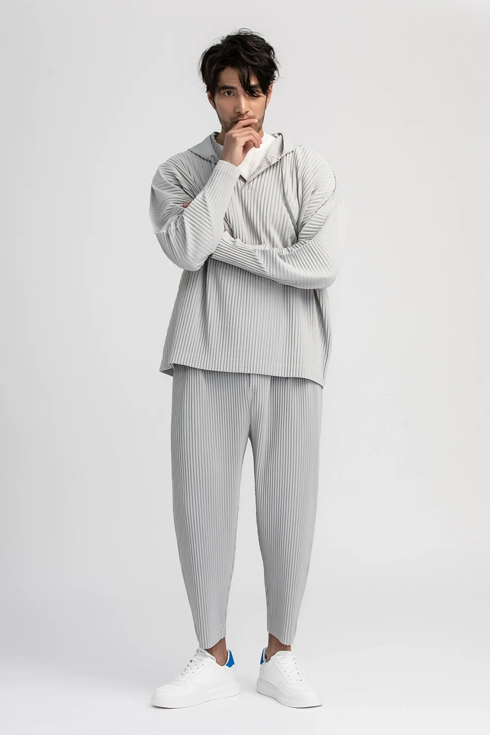 Pleated Straight Pants gray   miteigi Miyake Men’s Pencil Cropped Japanese Style Ankle Length mid rise elastic waist with drawcords Joggers for man in light grey Mens Streetwear drawstring ankle-length ribbed tall plus size trousers clothing