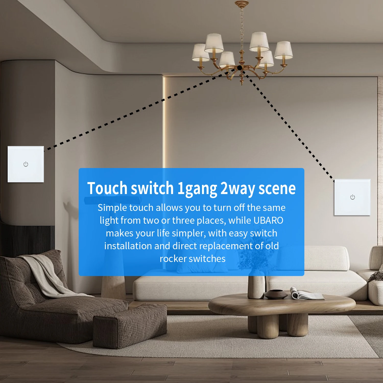 UBARO Eu Standard 86 Type 1Gang 2Way Touch Switch Tempered Glass Panel Dual Switch Come and Go Sensor Switches Stairs bedroom