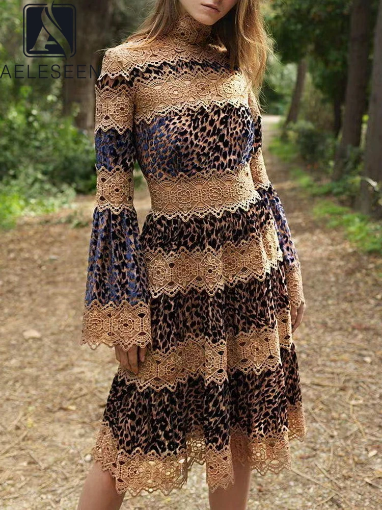 

AELESEEN High Quality Lace Dress Women Spring Autumn Flare Sleeve Turtleneck Leopard Print Patchwork Knee-length Spliced Party