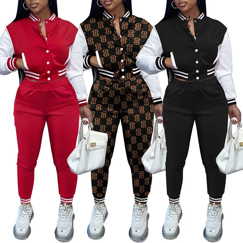 Fashion women's sports blocking thread two-piece splicing long sleeve baseball suit contrast color women matching sets discount high quality men s new casual sports baseball suit color blocking jacket jacket color blocking sports pants set s 3xl