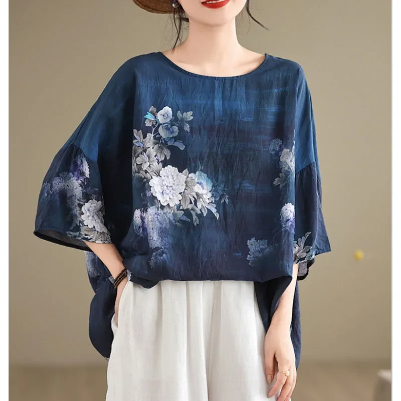 

Women's 2024 New Summer Korean Version Linen Cotton Casual Fashion Vintage Loose Printed Crew Neck Batwing Sleeve T-shirt Tops