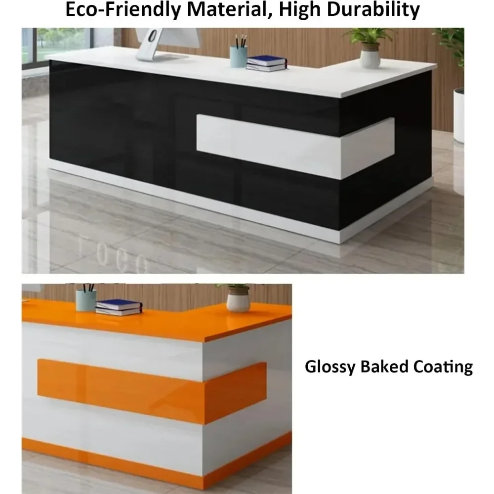 Modern L-Shaped Reception Desk with Hutch and Lockable Drawer & Cabinet, Office Wooden Computer Front Desk, Retail Counter 4