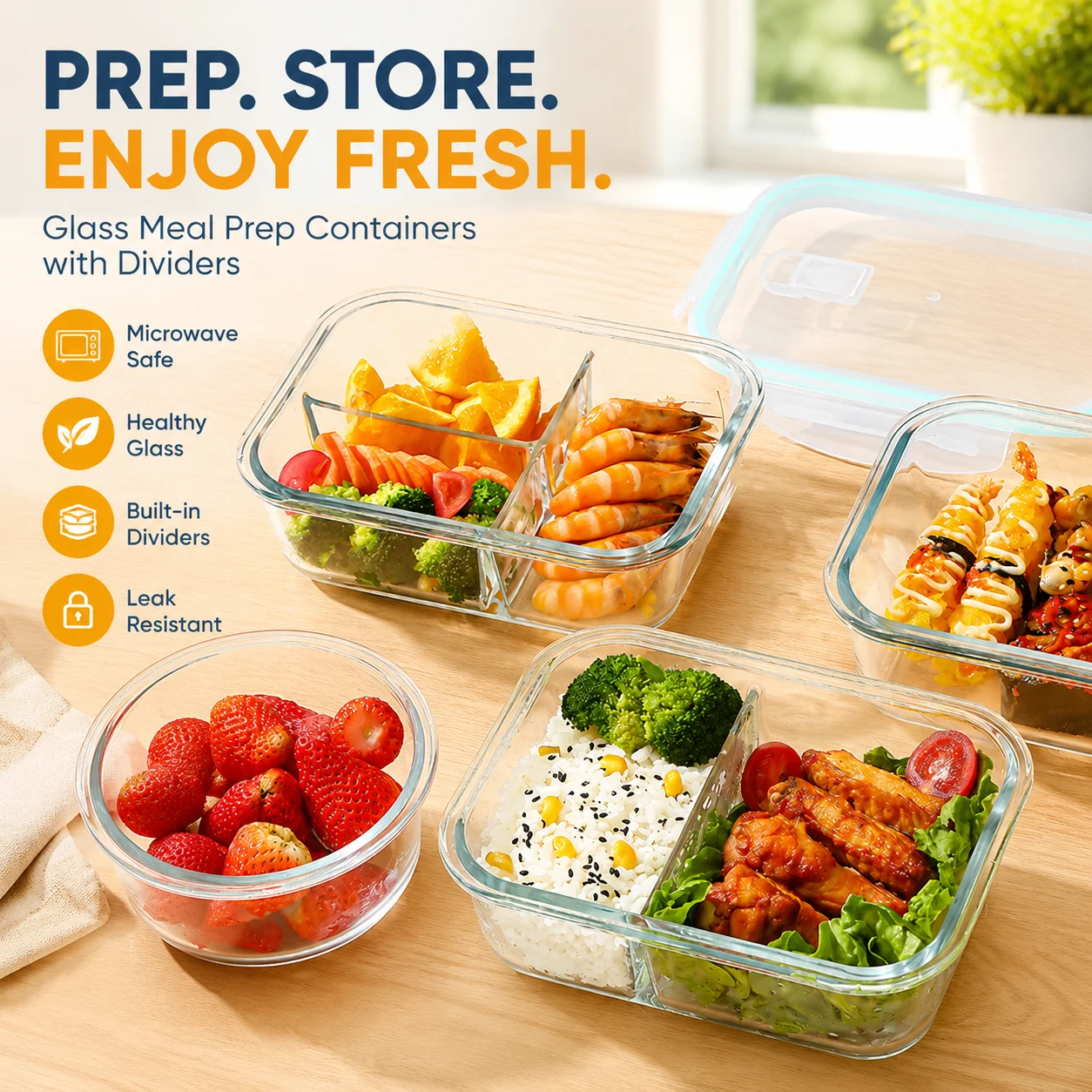 Microwave-Safe Divided Glass Meal Prep Containers - Bento Lunch Box with High Borosilicate Storage Bowls, Assorted Colors