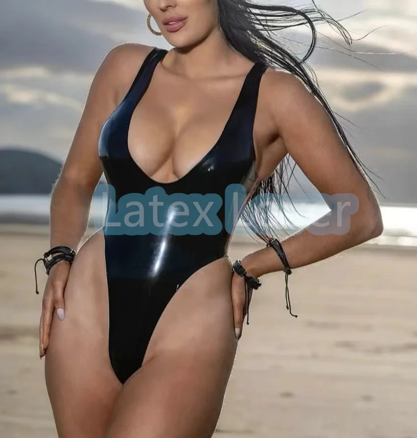 

Hot Sexy Women Bodysuit Natural Latex Swimsuit High Split Rubber Thong Bodysuits Female Catsuits Beach Wear Suit 0.4mm