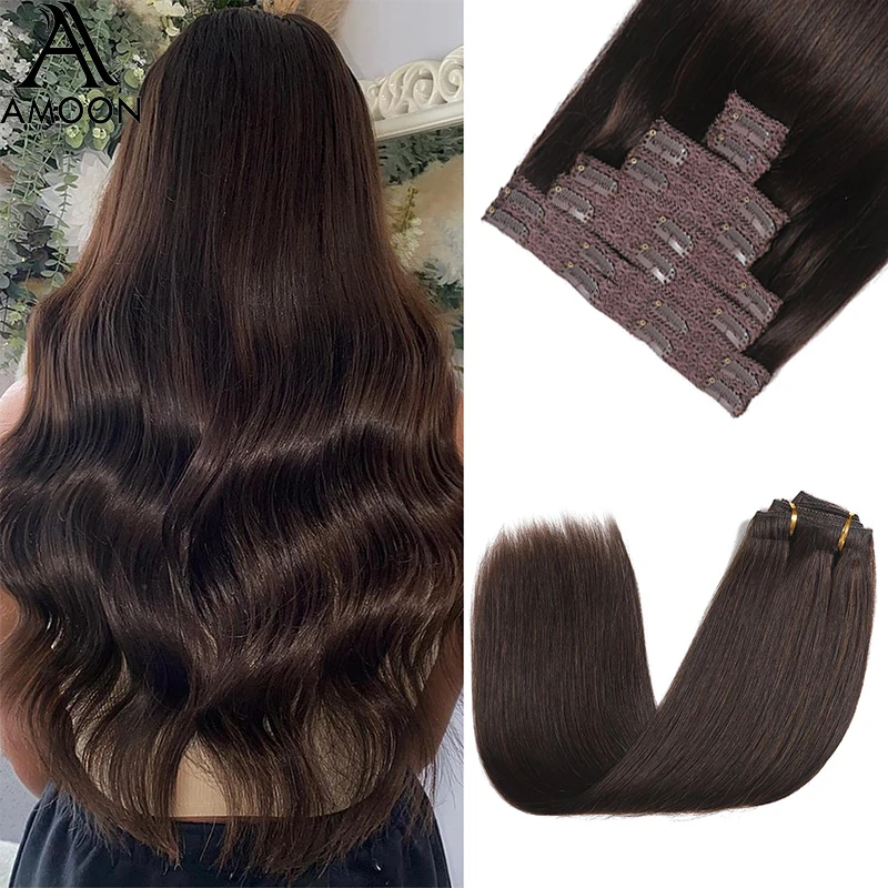 Brown Straight Clip in Hair Extensions Human Hair Brazilian Virgin Full Head Clip Extension Remy Human #1B