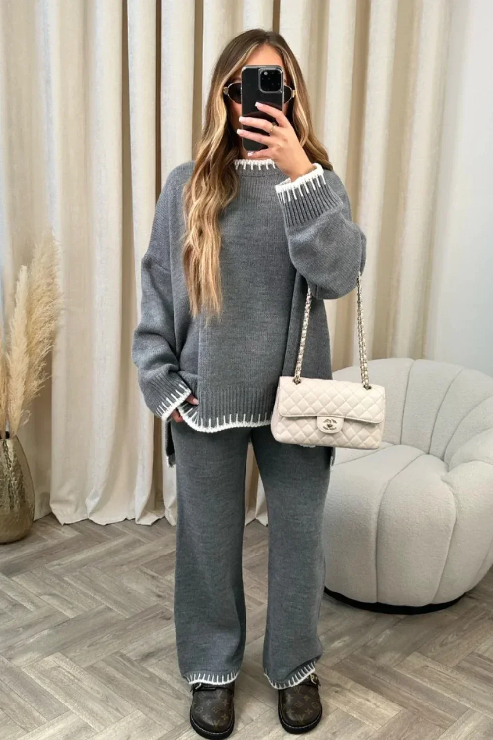 2024 Women's Striped Elegant Knitted Home Suit, Split Sweater Top, Elastic High Waist Straight Pants Pieces SetAutum Winter