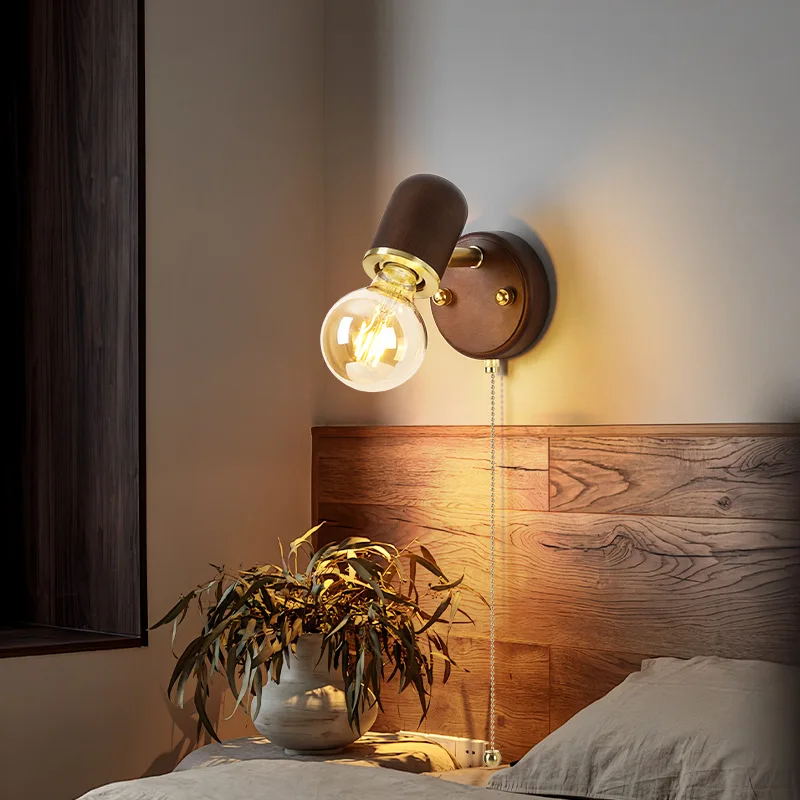 Bedroom Vintage wall lamp with pull wire switch can rotate the French medieval wabi-Sabi solid wood retro lighting cream wind