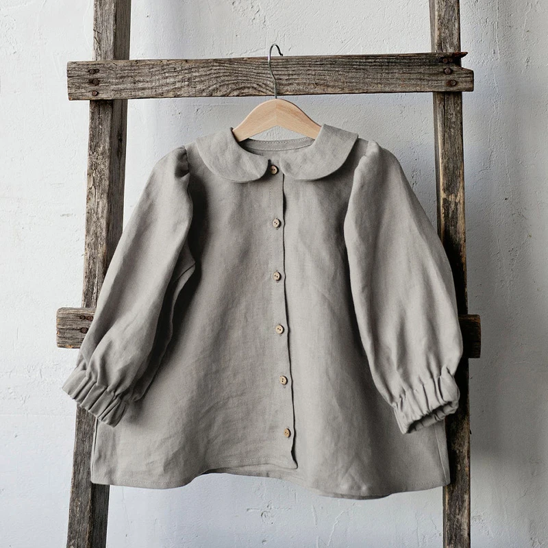 Autumn Retro Girls Long-Sleeve Cotton And Linen Shirts Buttons Baby Girl Casual Doll Collar Lantern Sleeve Tops TZ151 Kids Shirts