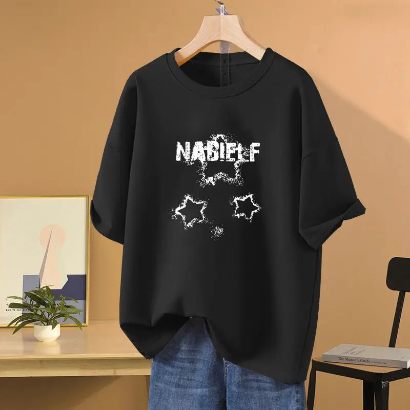 

Women Letter Cartoon Printed Pullover Summer O-neck Short Sleeve Pure Cotton Basics T-shirt Loose Casual Top Tee M-6XL