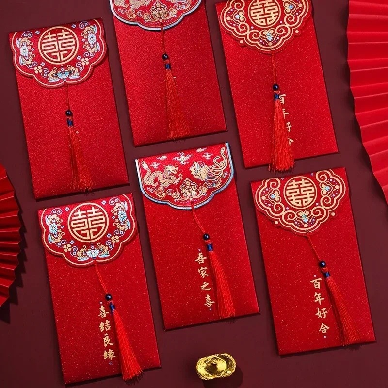 5pcs Red Wedding Mini Envelopes with Tassel Chinese Lucky Money Cash Bag Paper Envelopes Blessing Pocket Hongbao Gifts Packaging