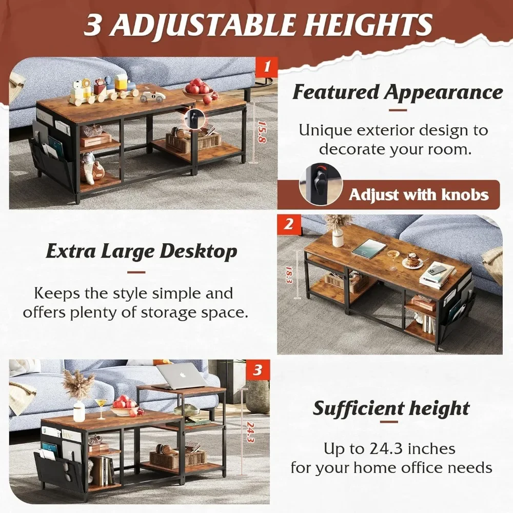 Coffee Table for Living Room,Adjustables Coffee Table Set of 2 with End Tables,Small Industrial Tables with Side