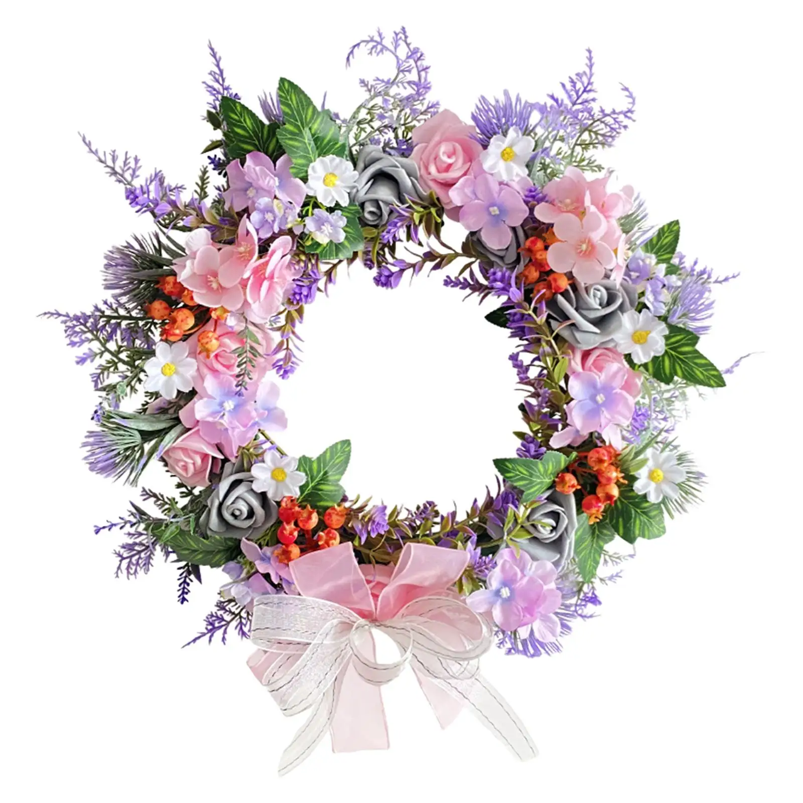 Summer Wreaths with Bowknot Realistic Texture Artificial Flower Wreath for Window Office Farmhouse Home Decoration Wedding Decor