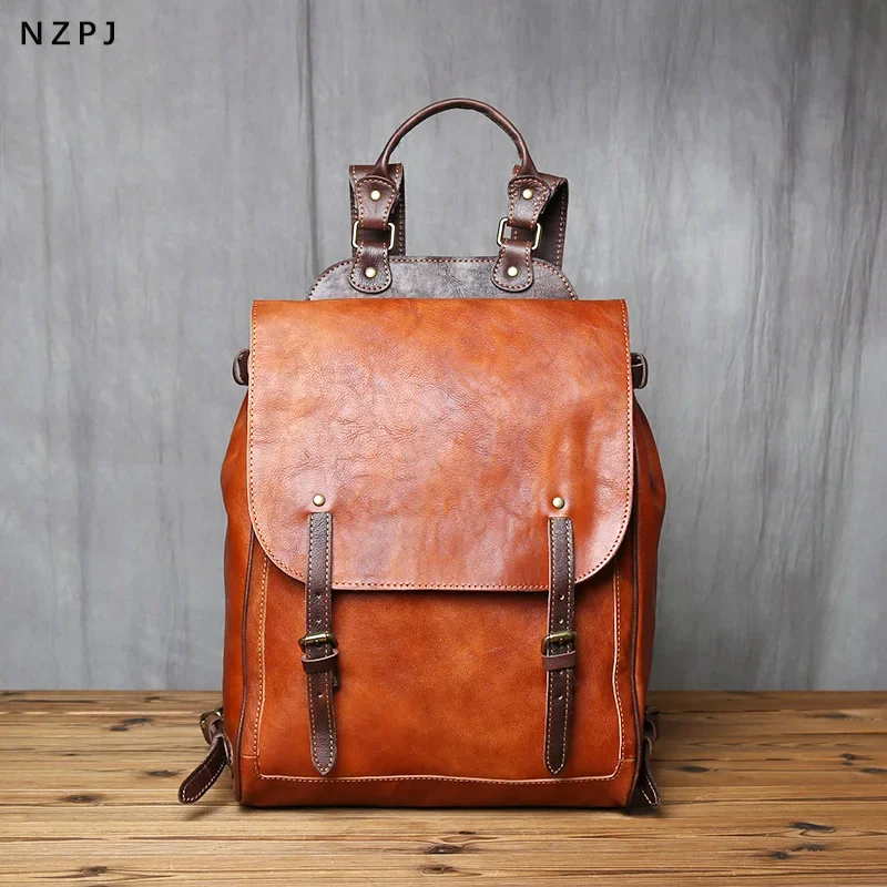 NZPJ Retro Genuine Leather Men  Backpack Vegetable Tanned Top Layer Cowhide Backpack Fashionable computer bag for 15 inch laptop