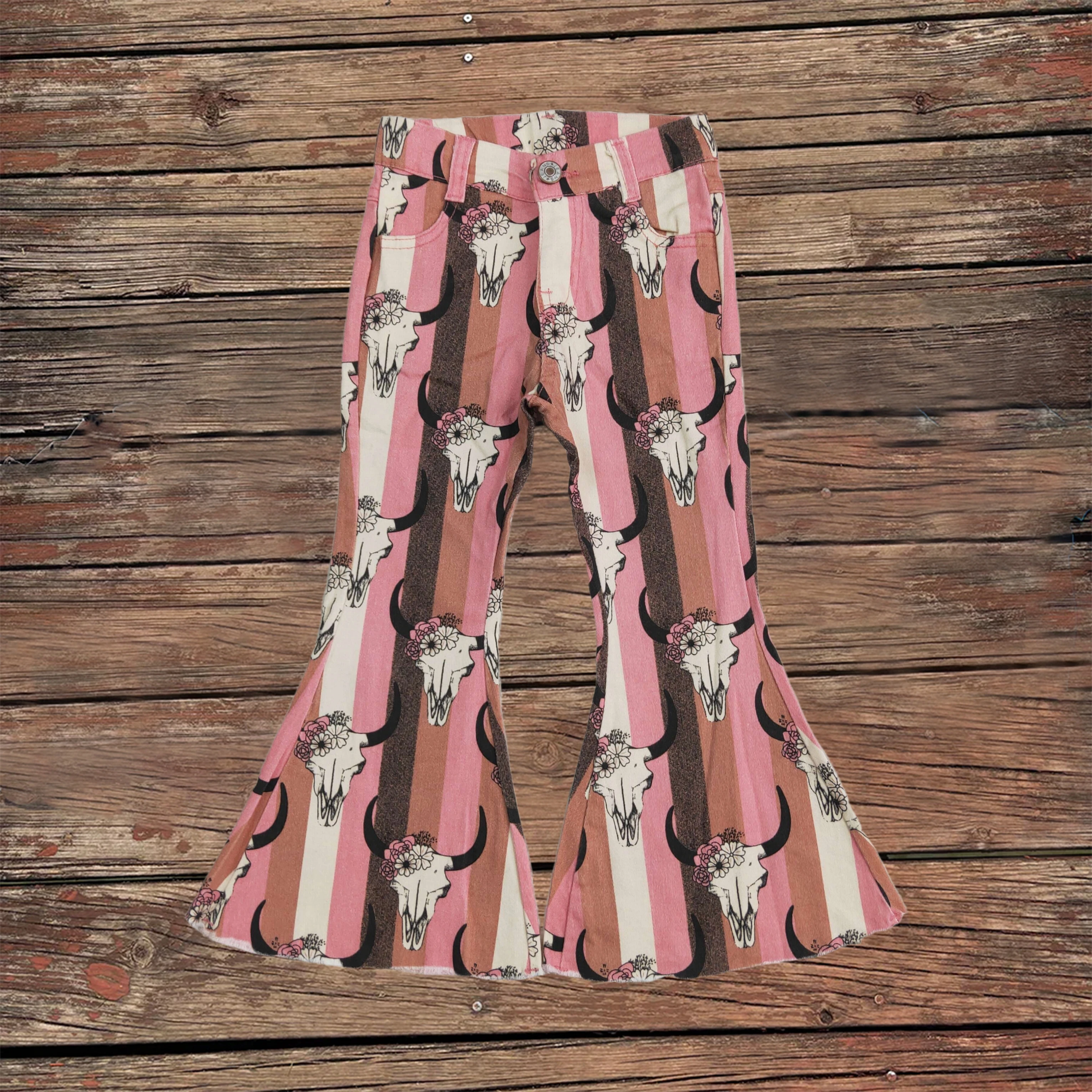 도매 부티크  지퍼 해골 벨 플레어 데님 바지 키즈 포켓  소녀 아즈텍 서양 암..